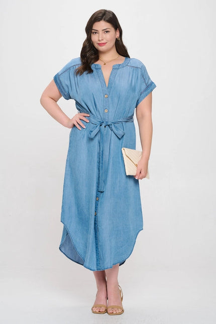 Plus Chambray Button Down Belted Midi Dress