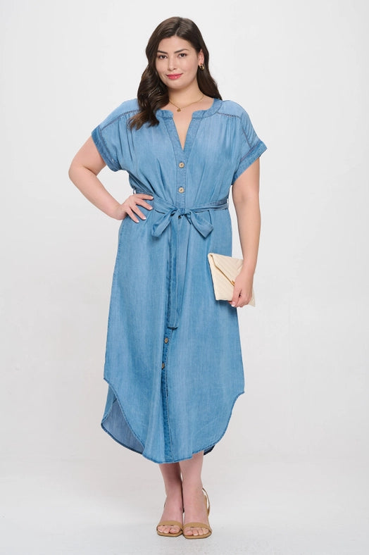 Plus Chambray Button Down Belted Midi Dress