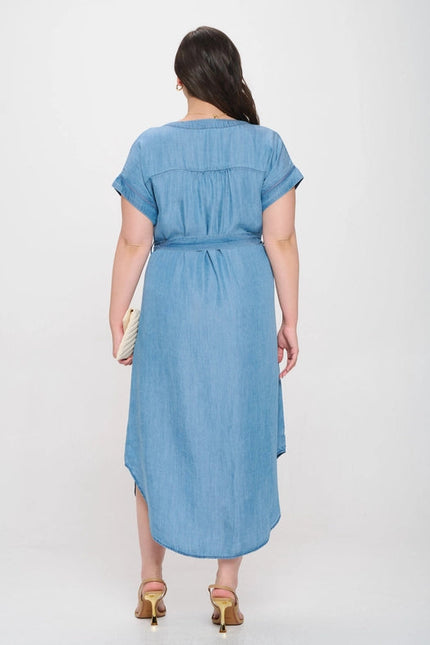 Plus Chambray Button Down Belted Midi Dress