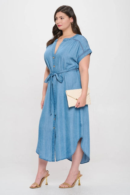 Plus Chambray Button Down Belted Midi Dress