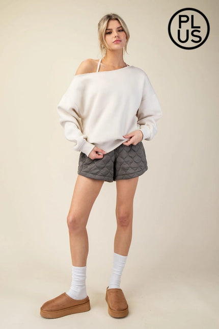 Plus Size French Terry Fleece Off Shoulder Sweatshirt Bone