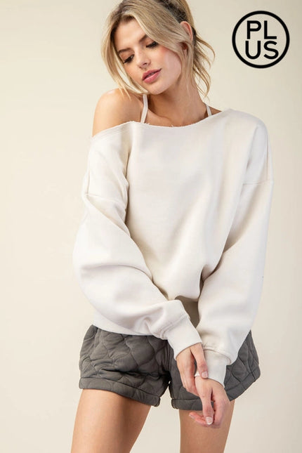 Plus Size French Terry Fleece Off Shoulder Sweatshirt Bone