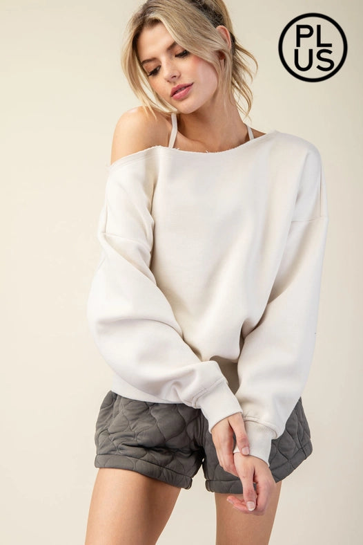 Plus Size French Terry Fleece Off Shoulder Sweatshirt Bone