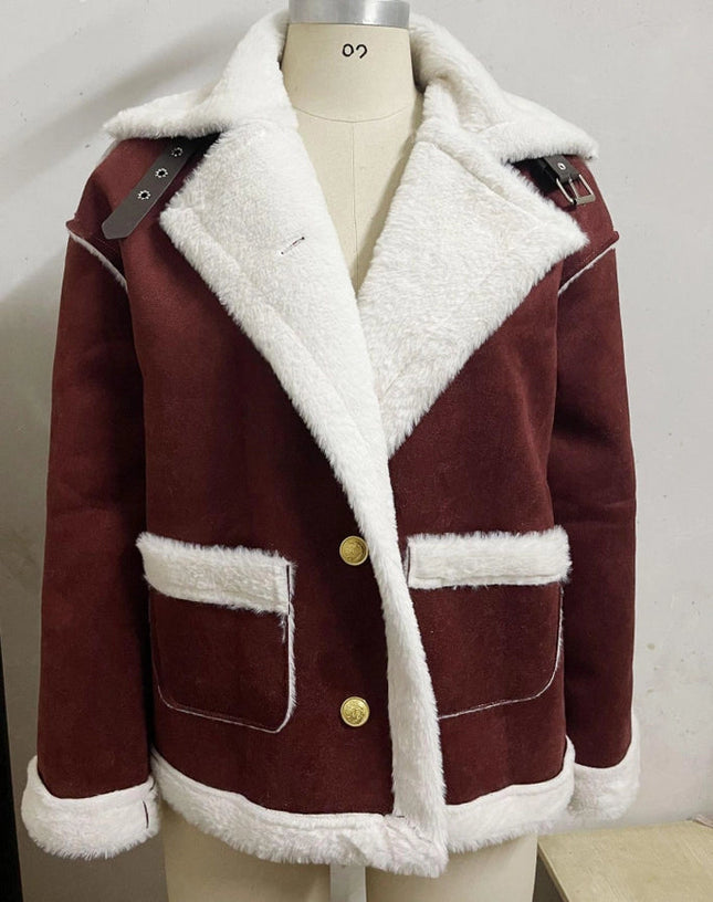 Plush Jacket Sherpa Faux Suede Coat Red