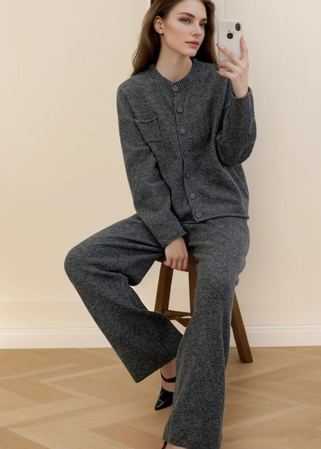 Pocketed Round Neck Button Up Cardigan and Pants Sweater Set