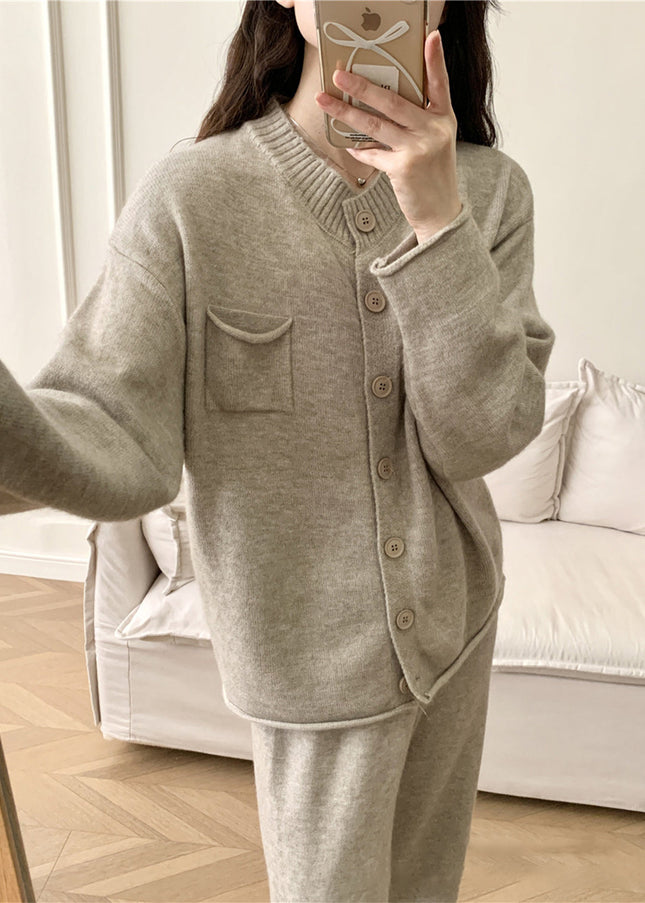 Pocketed Round Neck Button Up Cardigan and Pants Sweater Set