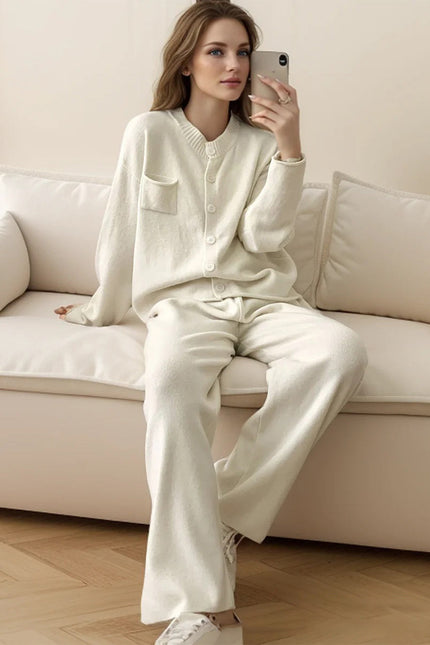 Pocketed Round Neck Button Up Cardigan and Pants Sweater Set