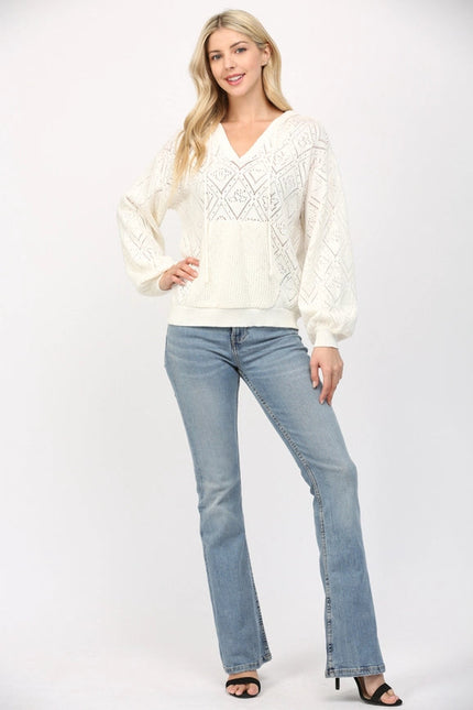 Pointelle Knit Hooded Sweater