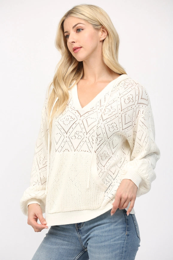 Pointelle Knit Hooded Sweater