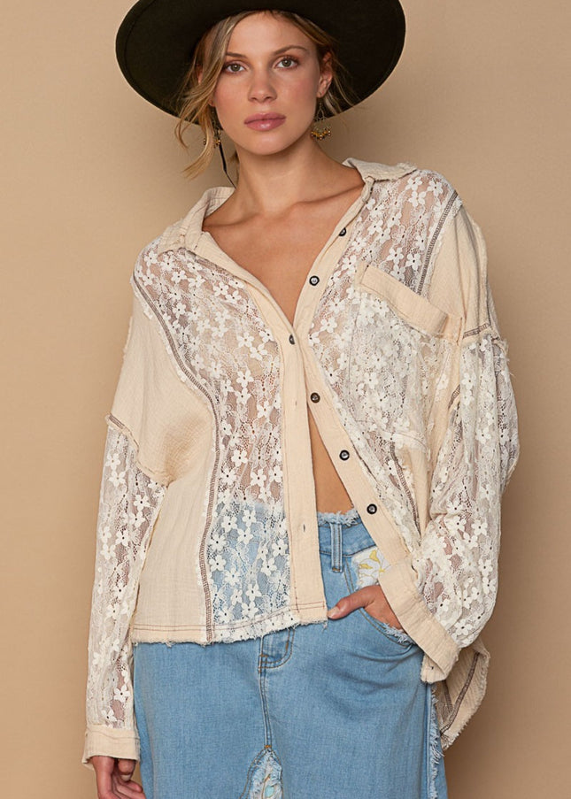 Pol Oversize Lace Button-Down Shirt