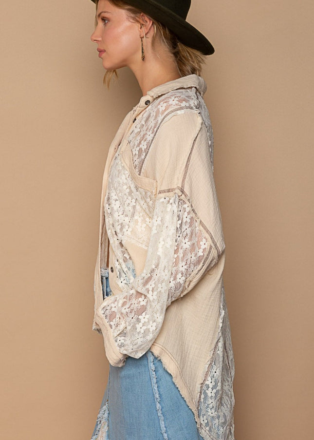 Pol Oversize Lace Button-Down Shirt