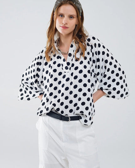 Polka Dot Blouse with V-Neck and Balloon Sleeves