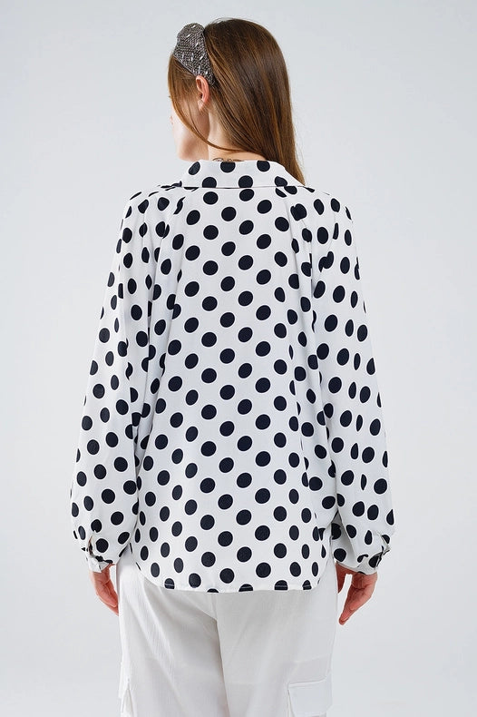 Polka Dot Blouse with V-Neck and Balloon Sleeves