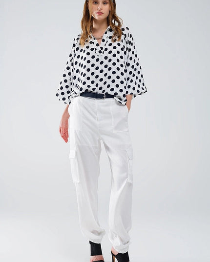 Polka Dot Blouse with V-Neck and Balloon Sleeves