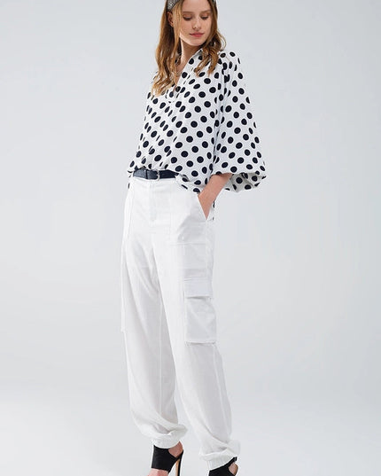 Polka Dot Blouse with V-Neck and Balloon Sleeves