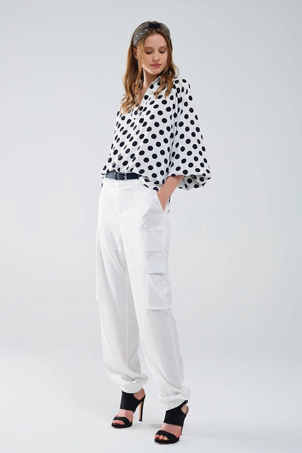 Polka Dot Blouse with V-Neck and Balloon Sleeves