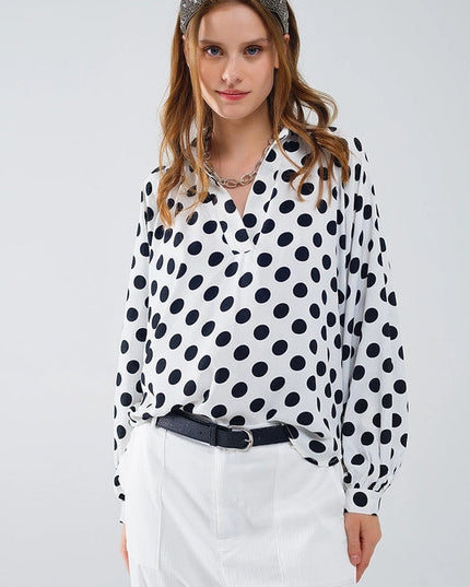 Polka Dot Blouse with V-Neck and Balloon Sleeves