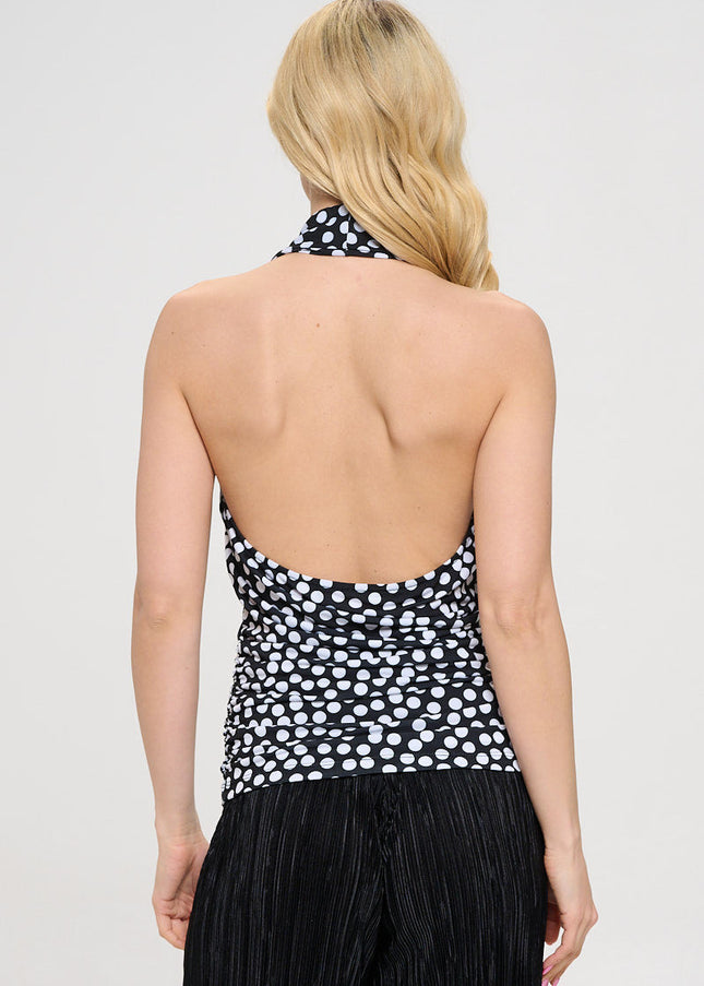 Polka Dot Deep Halter V neck Side Ruched Top w Open Back-3