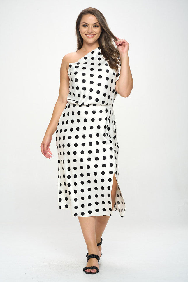 Polka Dot Stretch Satin One Shoulder Dress-1