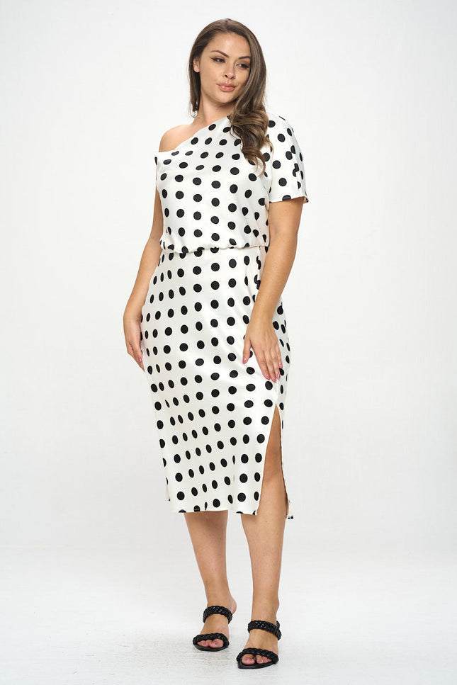 Polka Dot Stretch Satin One Shoulder Dress-2