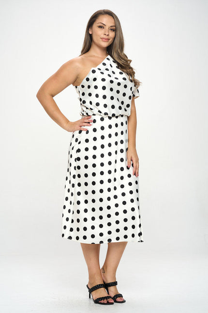 Polka Dot Stretch Satin One Shoulder Dress-3