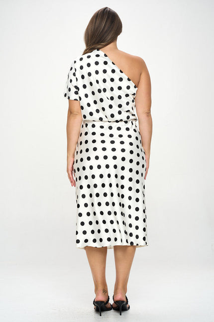 Polka Dot Stretch Satin One Shoulder Dress-4