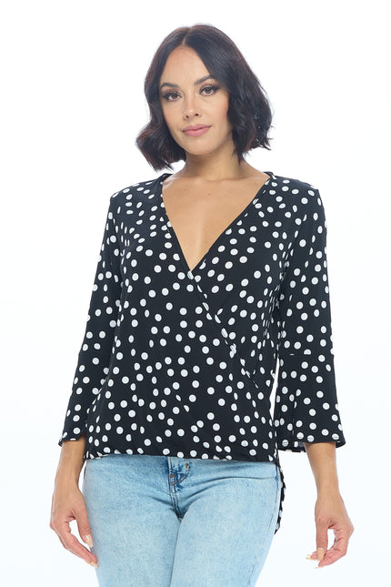 Polka Dot V neck Hi-lo Surplice Top-0