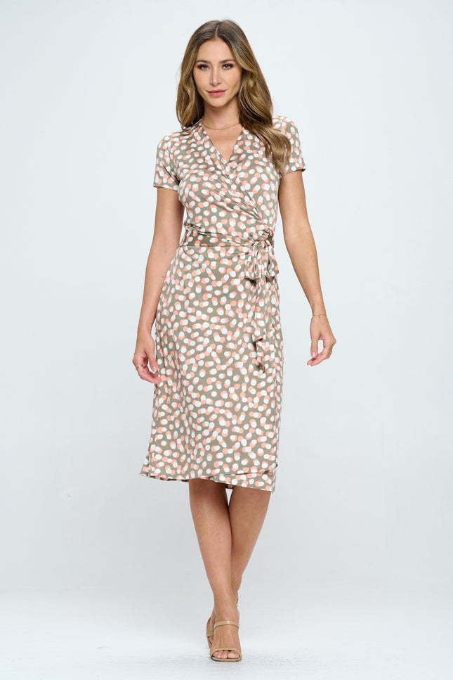 Polka Dot V neck Jersey Wrap Dress with Tie-2