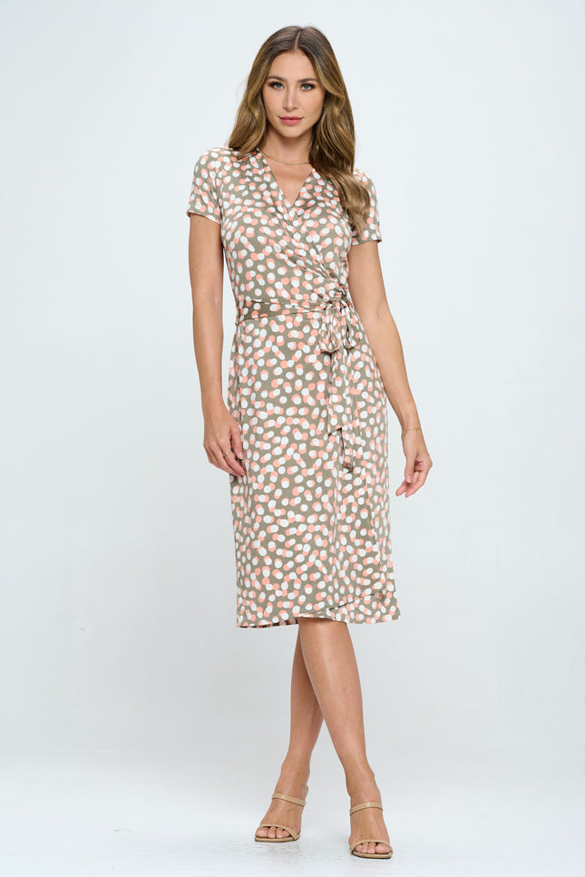 Polka Dot V neck Jersey Wrap Dress with Tie-1