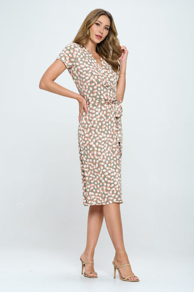 Polka Dot V neck Jersey Wrap Dress with Tie-3