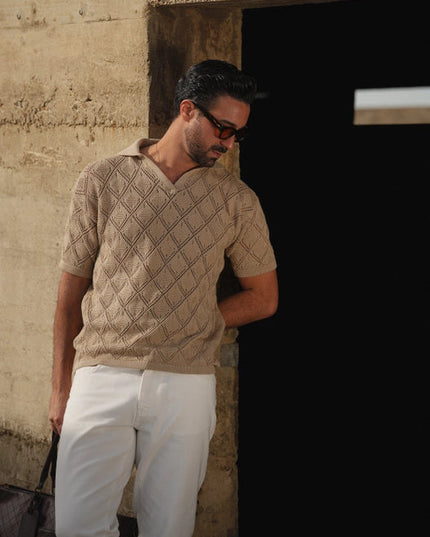 Polo Geometric Design Open-Collar Taupe Shirt