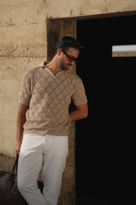 Polo Geometric Design Open-Collar Taupe Shirt