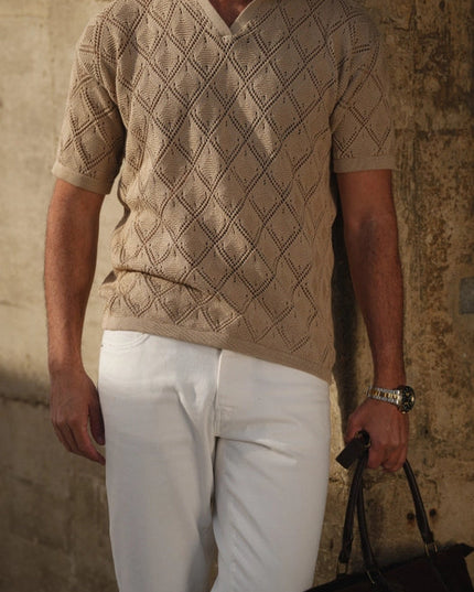 Polo Geometric Design Open-Collar Taupe Shirt