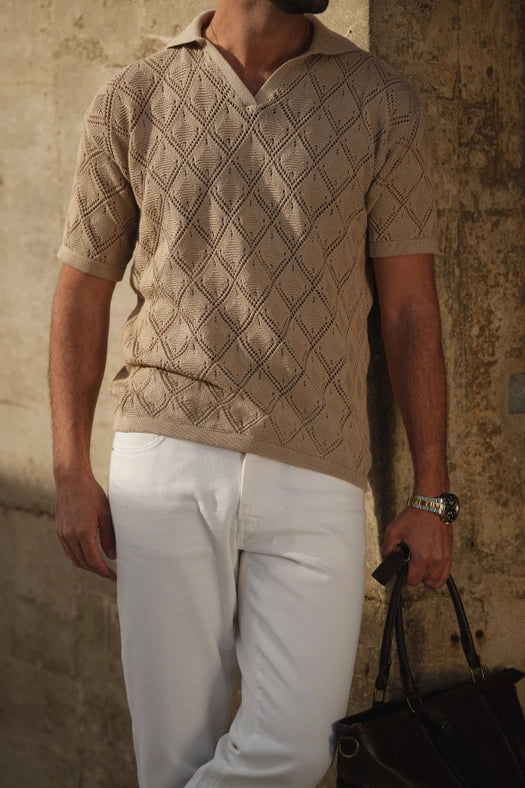 Polo Geometric Design Open-Collar Taupe Shirt