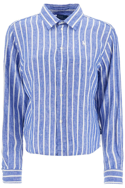 Polo Ralph Lauren camicia lino righe blu e bianca manica lunga regular