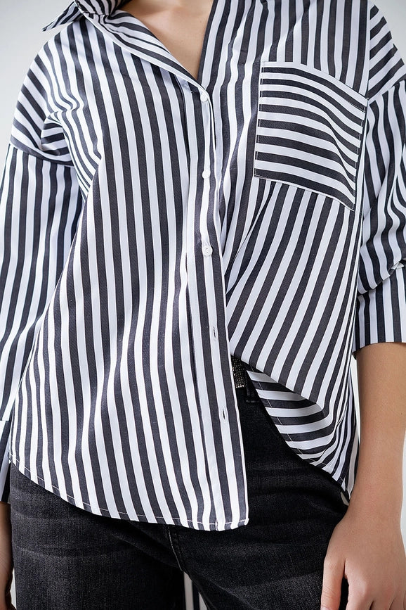 Poplin Shirt with Vertical Stripes in Black and Chest Pocket