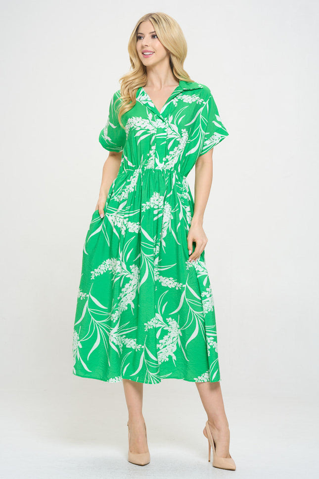 Print Collared V neck Midi Dress with Pockets-2