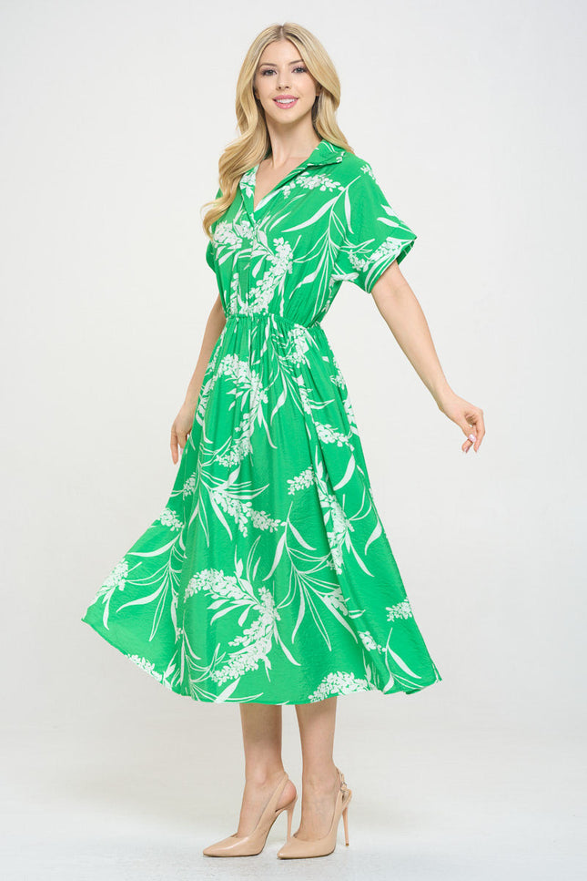 Print Collared V neck Midi Dress with Pockets-3