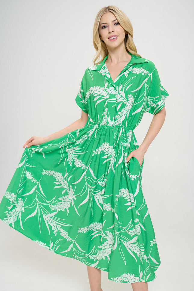 Print Collared V neck Midi Dress with Pockets-0