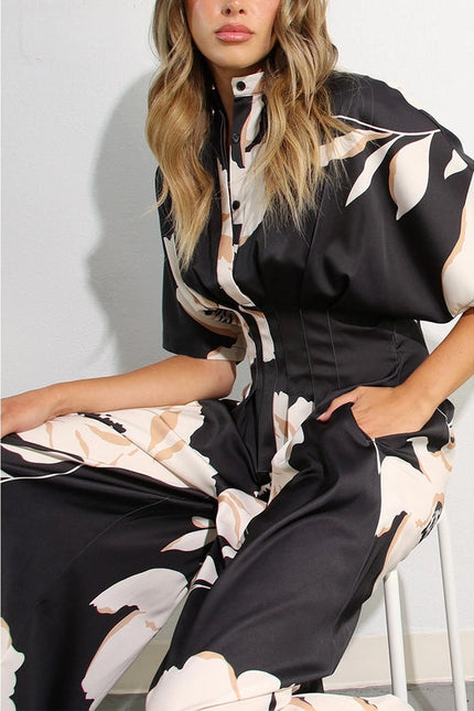 Print Pleated Jumpsuit BLACK MULTI