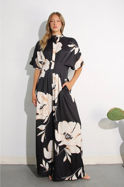 Print Pleated Jumpsuit BLACK MULTI