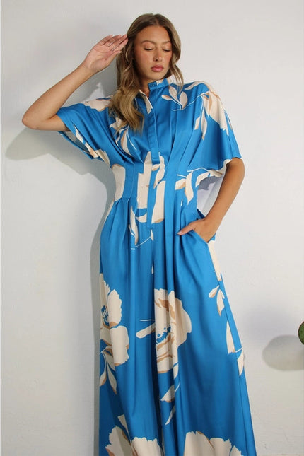 Print Pleated Jumpsuit BLUE MULTI