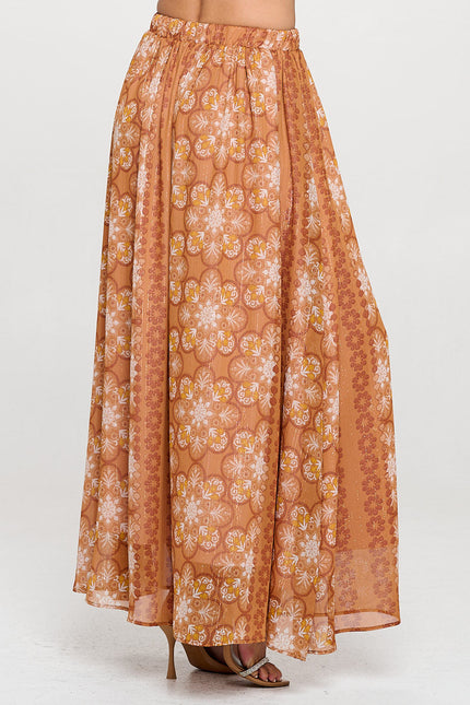 Print Sheer Maxi Skirt with Lining and Elastic Waist-1