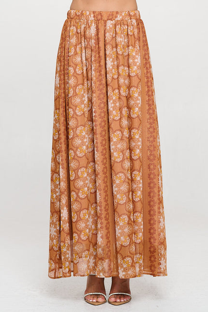 Print Sheer Maxi Skirt with Lining and Elastic Waist-0