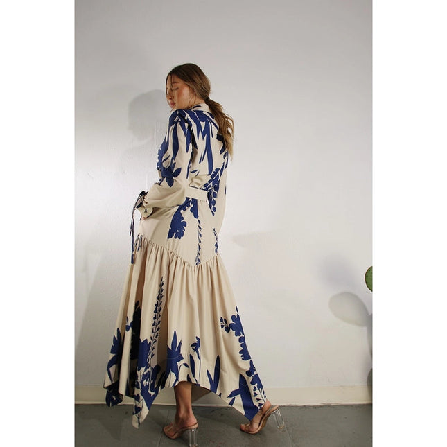 Print Uneven Belted Long Dress BLUE MULTI