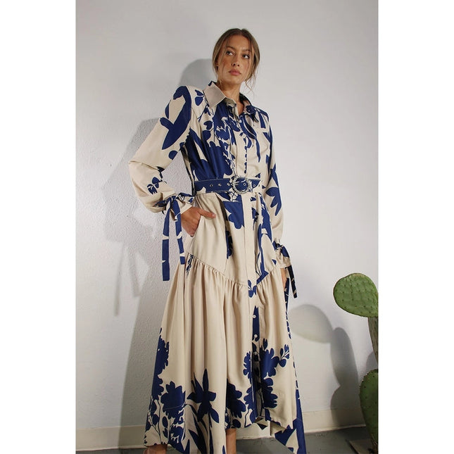 Print Uneven Belted Long Dress BLUE MULTI