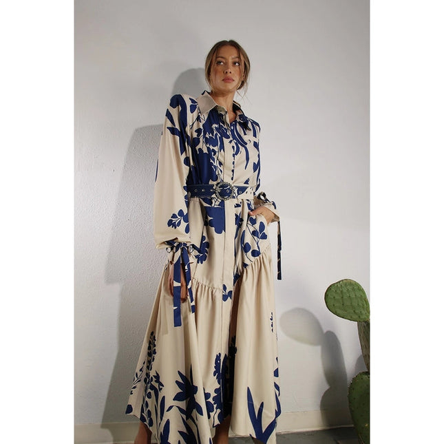 Print Uneven Belted Long Dress BLUE MULTI