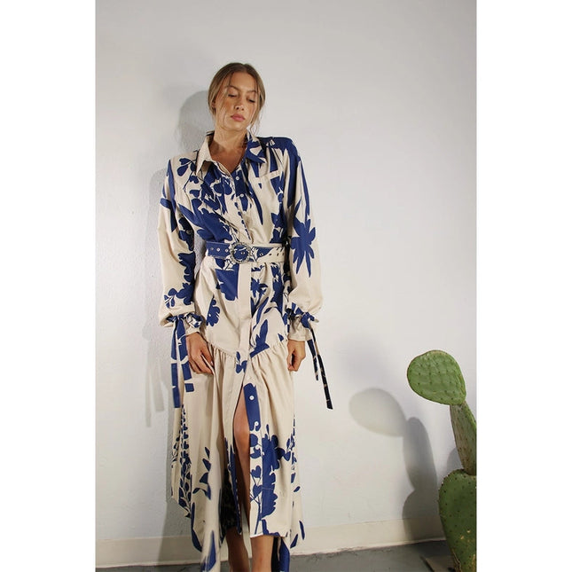 Print Uneven Belted Long Dress BLUE MULTI