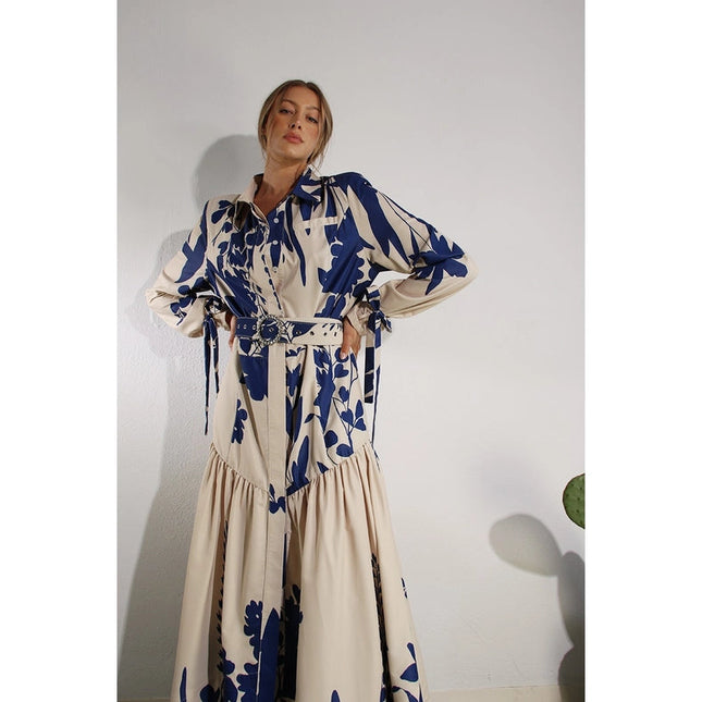 Print Uneven Belted Long Dress BLUE MULTI