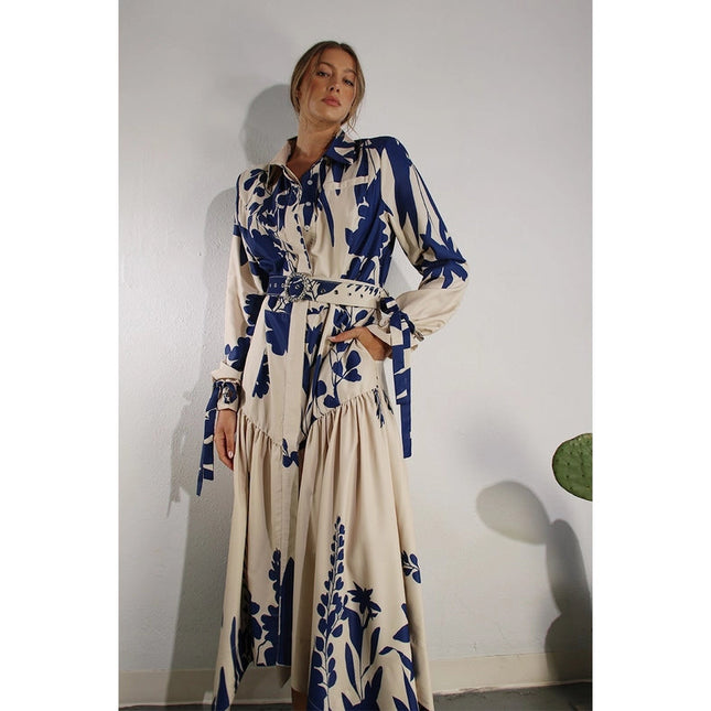 Print Uneven Belted Long Dress BLUE MULTI